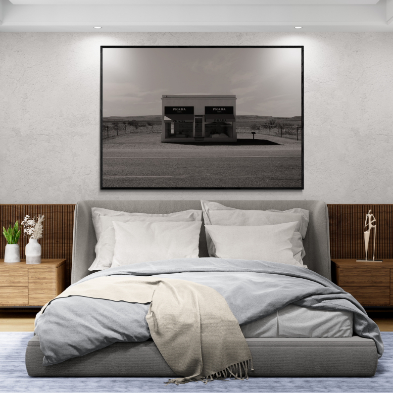 Fashion wall decor, Prada Marfa print, Prada Marfa poster, modern pop art, designer wall art canvas, fashion art, framed poster, frontal angle