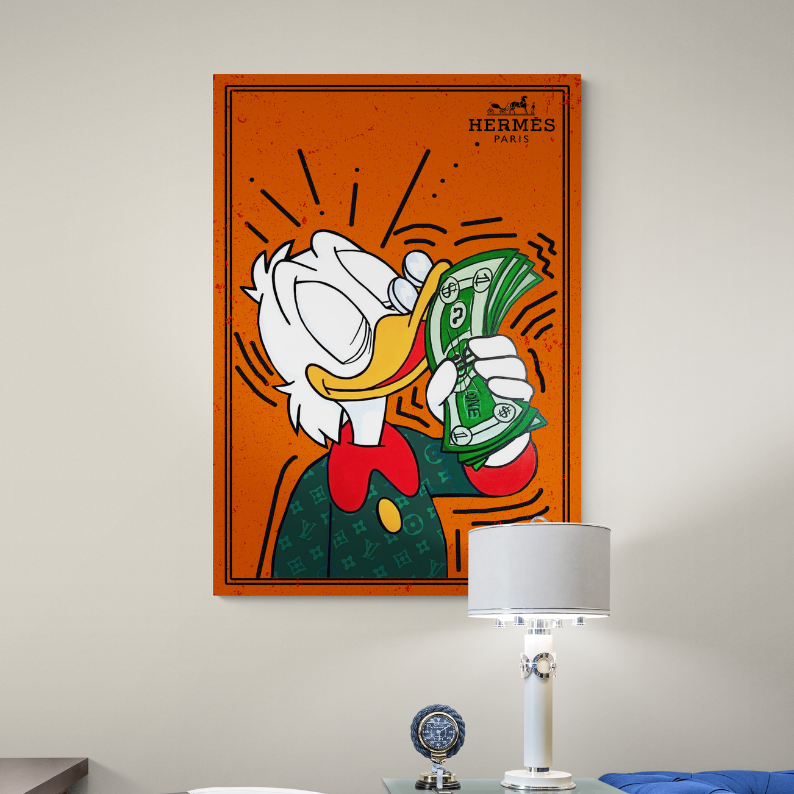 Scrooge Mcduck with money, Motivational Wall Art, Inspirational posters, success wall art, canvas, black framed poster, frontal image