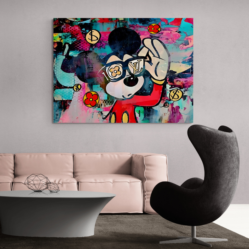 Mickey Mouse Wall Art, Fashion wall decor, Louis Vuitton print, hype beast art, modern pop art, designer wall art canvas, fashion art, black framed poster, frontal image