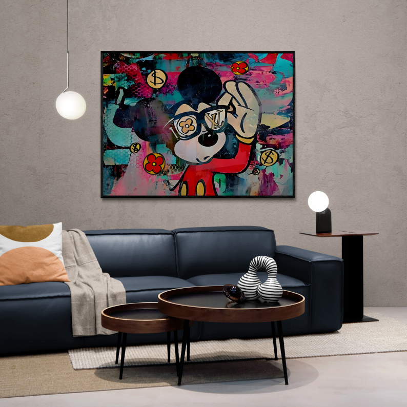 Mickey Mouse Wall Art, Fashion wall decor, Louis Vuitton print, hype beast art, modern pop art, designer wall art canvas, fashion art, black framed poster, frontal image