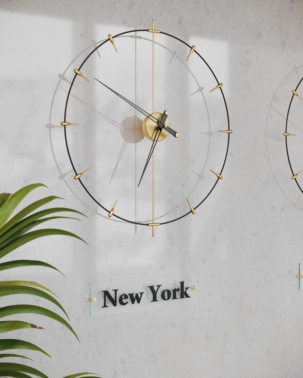 modern world clocks hanged on the lobby wall and there is newyork amblem under it.