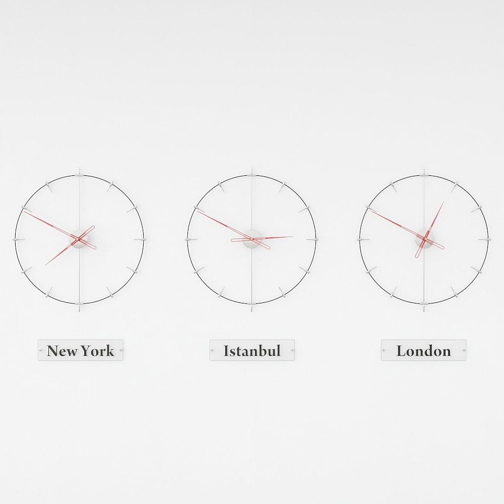 red decorative world clocks are on the white background.