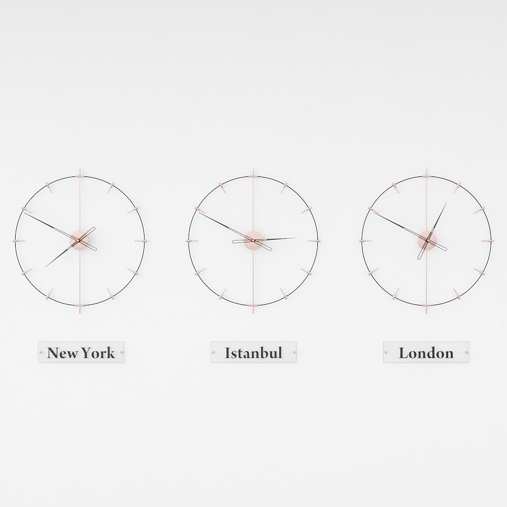 black and rose world clocks are on the white background.