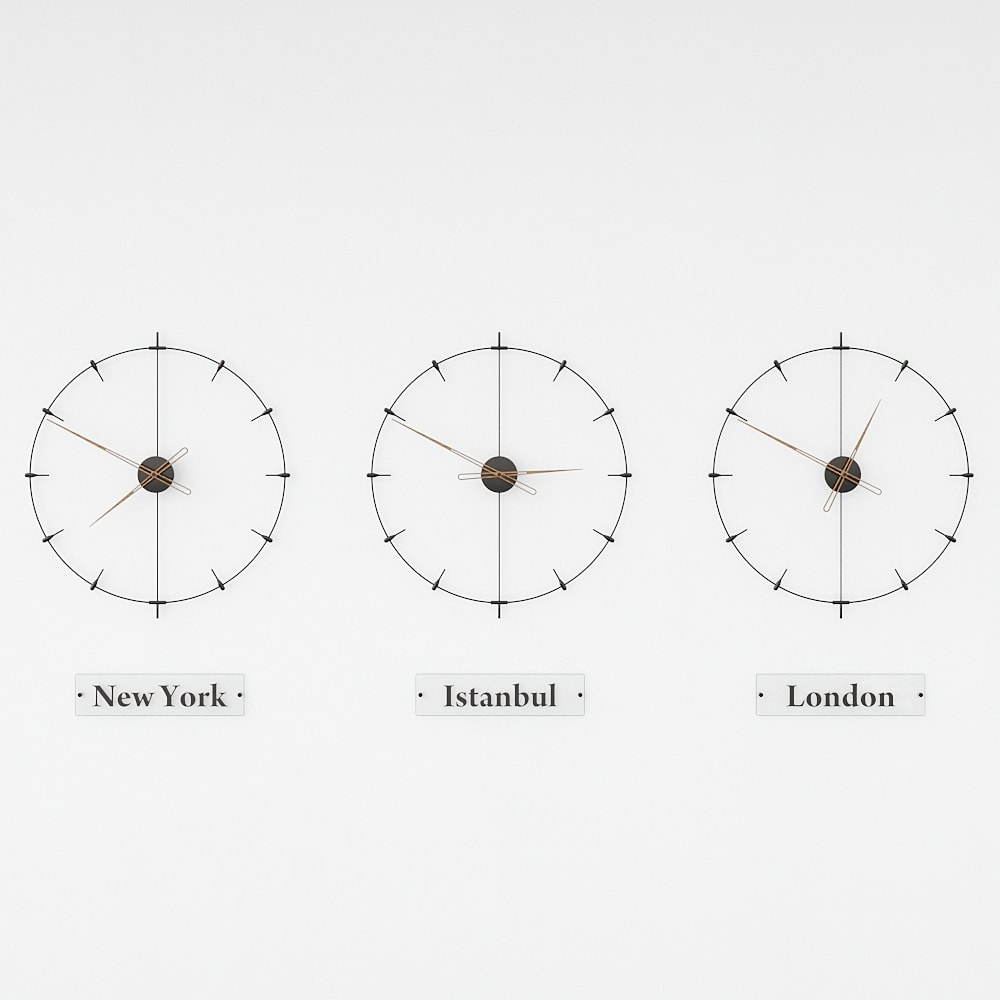 black and red modern world clocks are on the white background.