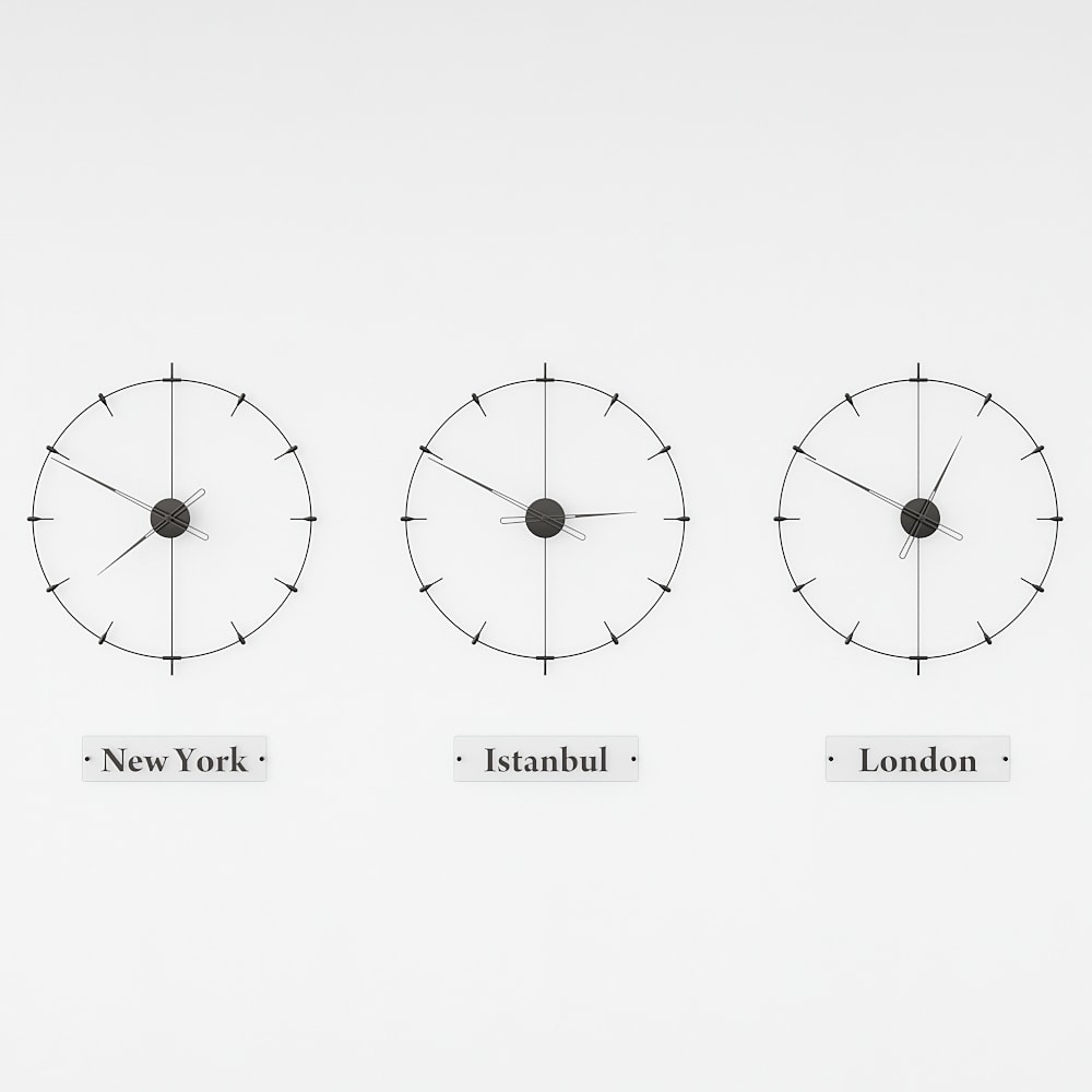 modern world clocks are on the white background.