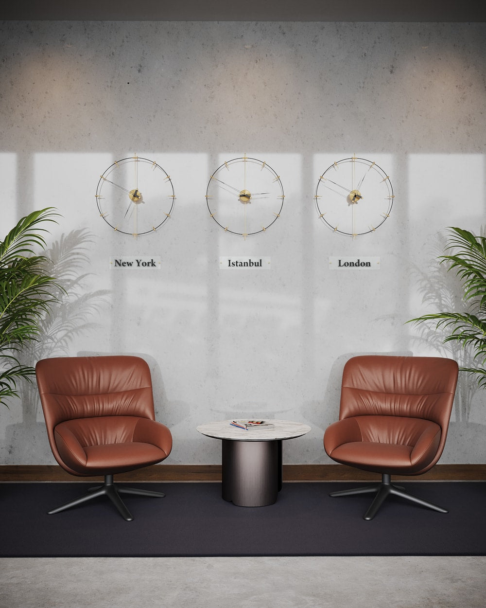 modern 3 world clocks hanged on the lobby wall.