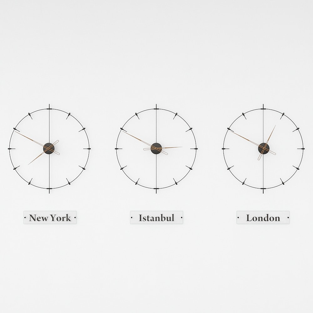black and gold modern world clocks are on the white background.