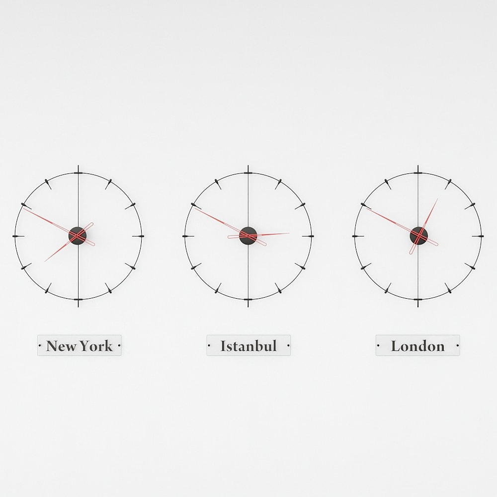 black and red modern world clocks are on the white background.