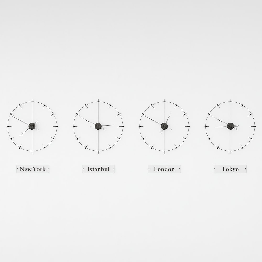 four black world clocks are on the white background.