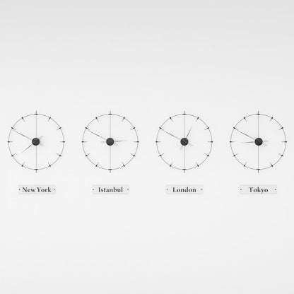 four black world clocks are on the white background.