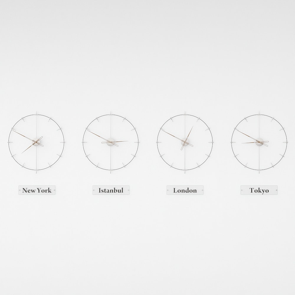 modern world clocks are on the white background.
