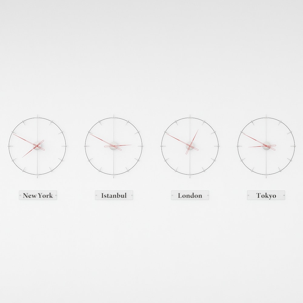 red and black world clocks are on the white background.