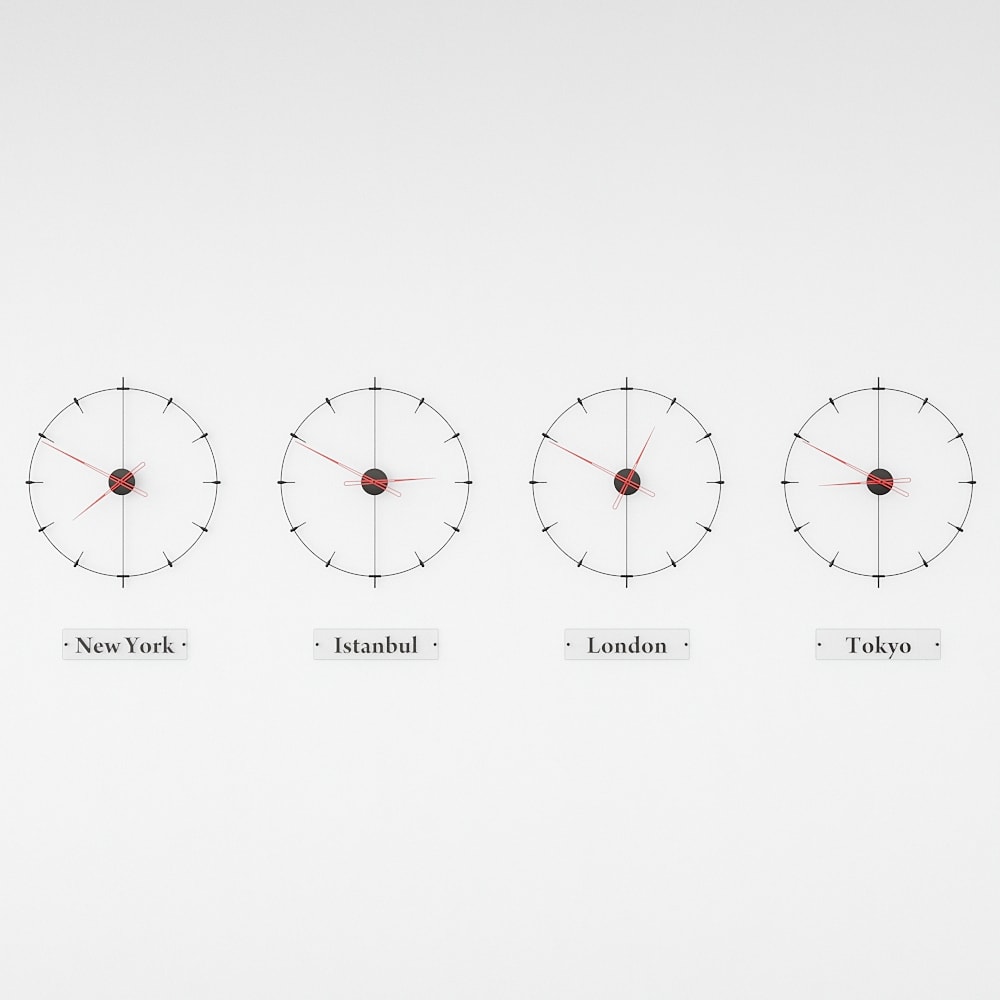 four world clocks are on the white background.