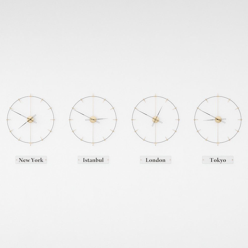 four world clocks are on the white background.