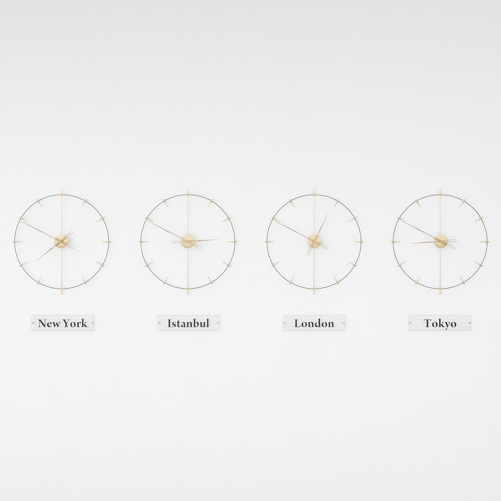 red and four world clocks are on the white background.