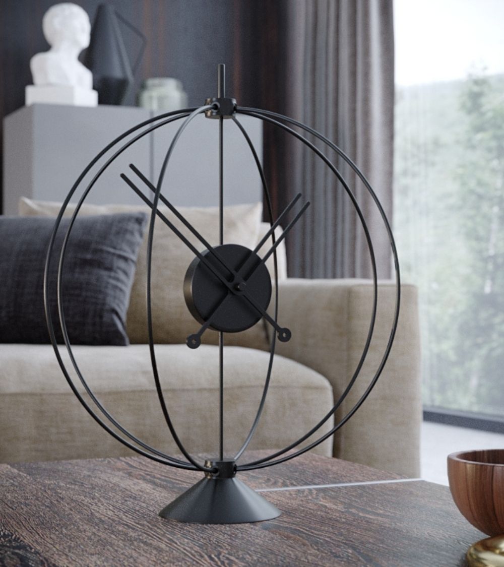 black small table clock atom