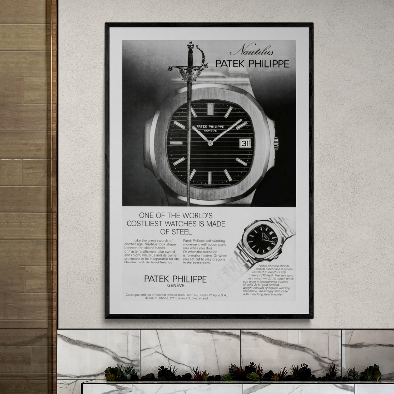 Patek Philippe wall art, vintage Patek Philippe ads, Patek Philippe vintage poster, Framed black poster,frontal image angle