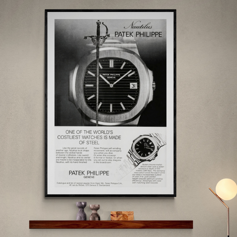 Patek Philippe wall art, vintage Patek Philippe ads, Patek Philippe vintage poster, Framed black poster,frontal image angle