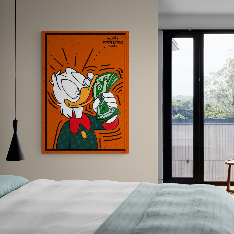 Scrooge Mcduck with money, Motivational Wall Art, Inspirational posters, success wall art, canvas, black framed poster, frontal image